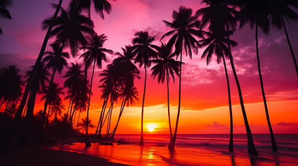 Beautiful colorful sunset on tropical ocean beach with coconut palm trees silhouettes