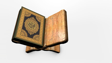 Illustrative image resulting from a 3D rendering of the object of the holy Qur'an placed on a folding table
