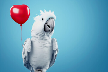 a cheerful white parrot cockatoo deftly holds a red heart-shaped balloon on a blue background,a...