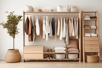 organized space for proper storage of clothes and things, the concept of reducing excessive consumption, conscious purchases, waste reduction