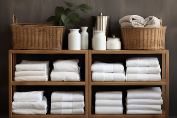 white towels and household chemicals are neatly stacked on wooden shelves,proper organization of storage aimed at reducing excessive consumption, the concept of conscious shopping