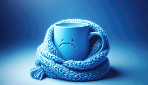 Blue monday concept. Cup of tea with sad smiley face wrapped in a knitted scarf on blue background. The saddest day of the year