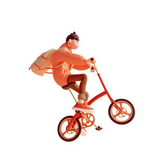 Young cute funny smiling сasual asian guy wears fashion clothes red hoodie, brown jeans, sneakers, yellow backpack rides bicycle up floats in air have fun, rejoice, joy. 3d render isolated transparent