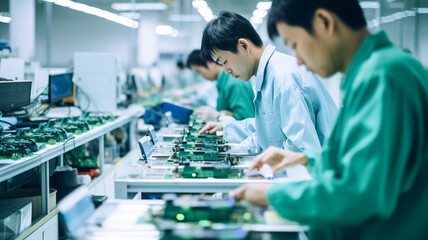 Shot of an electronics factory asian male workers assembling circuit boards by hand while it standing on the assembly line. High tech factory facility.

