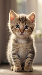 Cute tabby kitten on light background. Shallow depth of field