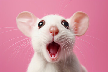 surprised white mouse on a solid pink background