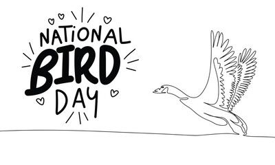 Fototapeta na wymiar National bird day text banner with one line continuous image fly bird. Line art bird is flying outline with words National Bird Day. Hand drawn vector art.