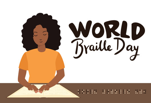 World Braille Day banner with blind African woman reads Braille book.  Handwriting text banner for World Braille Day in flat style. Hand drawn vector art.