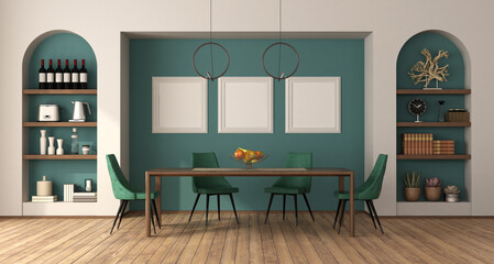Modern dining room with wooden table and green leather chairs