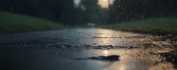 Tranquil scene of rain shower on an empty road, showcasing serene rainfall, wet asphalt texture, roadside foliage, and the peaceful ambiance of a rainy day