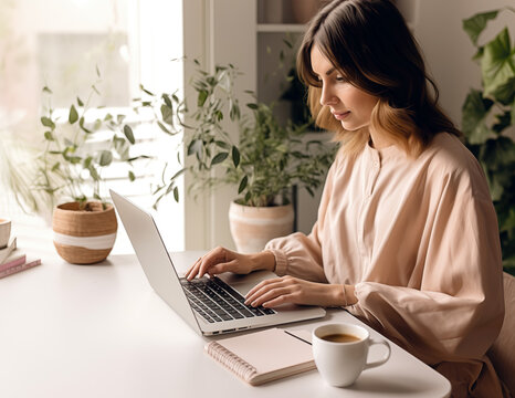 Young woman Using Laptop at Home Office with Coffee Cup on Table