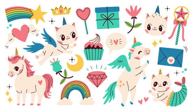 Cute unicorn set on white background. Vector illustration for birthday, invitation, baby shower card, kids tshirts. 