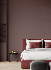 Deep dark master bedroom with big burgundy red bed. Mix colors - maroon, black, grey and brown. Empty painted accent wall. Luxury room design home or hotel. 3d rendering - obrazy, fototapety, plakaty