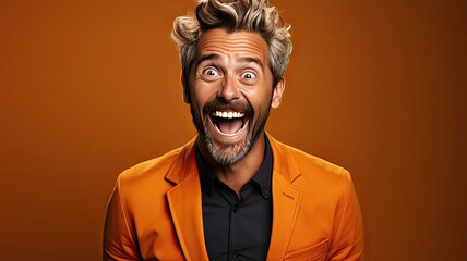 Fototapeta premium Confident Middle-Aged Man with a Positive Smile, Pointing to Success on an Empty Background. Conceptualizing Ideas and Achieving Success 