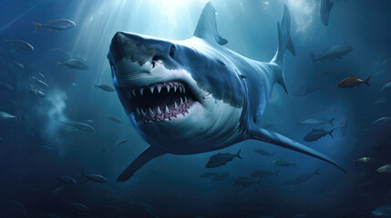 Naklejka premium Huge shark hunting in the ocean close-up