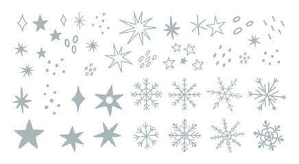 Set of snowflakes and stars in doodle style. Winter elements in hand drawn style