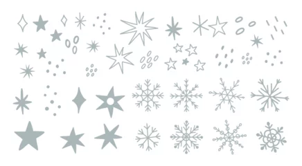 Fotobehang Set of snowflakes and stars in doodle style. Winter elements in hand drawn style © roskque