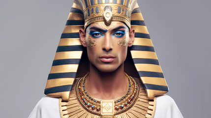 Young man in the image of an ancient Egyptian god on a light background - obrazy, fototapety, plakaty