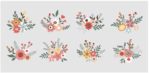 Flower collection with leaves, flower bouquets. Vector flowers. Spring art print with botanical elements in hand drawn style - obrazy, fototapety, plakaty