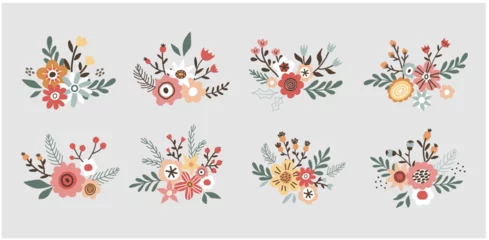 Fotobehang Flower collection with leaves, flower bouquets. Vector flowers. Spring art print with botanical elements in hand drawn style © roskque