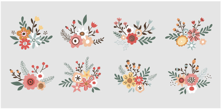 Flower collection with leaves, flower bouquets. Vector flowers. Spring art print with botanical elements in hand drawn style