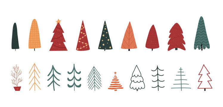 Vector set of Christmas trees. Merry Christmas. Happy New Year. Holiday poster with Christmas symbols. Isolated on white.