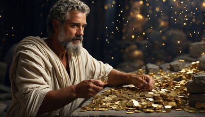 An old man in ancient times counts gold coins. - obrazy, fototapety, plakaty