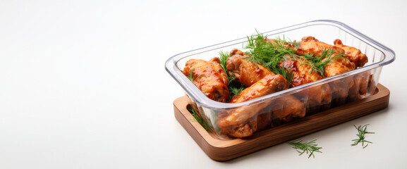 Marinated chicken wings on a wooden tray, suitable for culinary advertising banners.