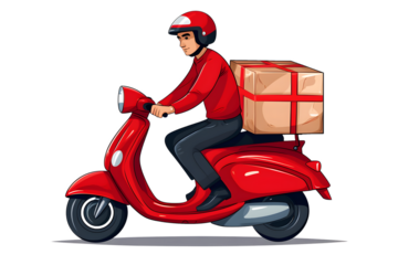 Drawing of a delivery man driving a scooter on a transparent background PNG