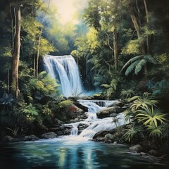 Serene Cascading Waterfall in Lush Green Rainforest