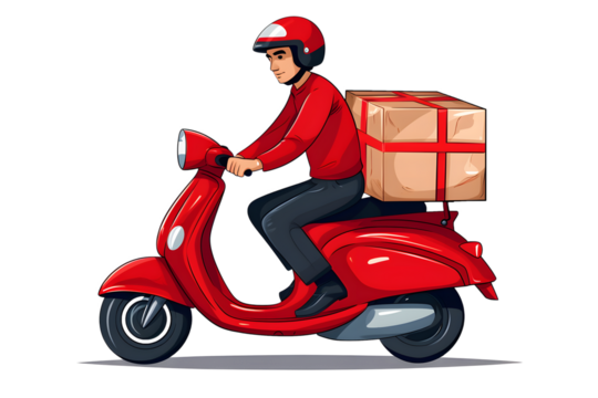 Drawing of a delivery man driving a scooter on a transparent background PNG - Powered by Adobe