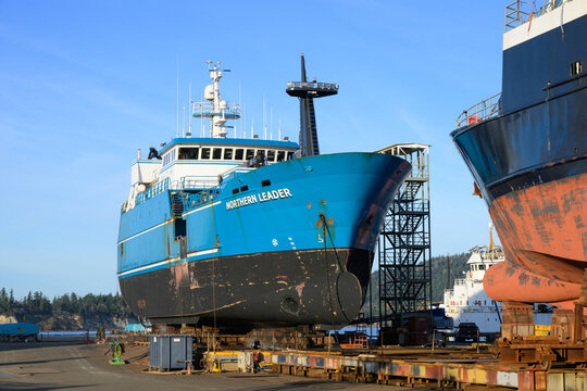 Anacortes, WA, USA - November 14, 2023; Northern Leader factory longline fishing vessel out of water at Dakota Creek Industries shipyard