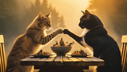 Two cats bumping fists with each other before a meal
