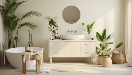 A Luxurious Bathroom with a Relaxing Tub, Stylish Sink, and Elegant Mirror
