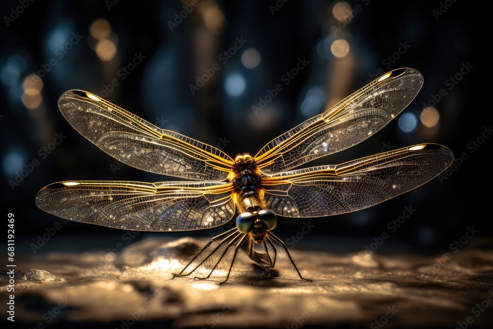Poster a close up of a dragonfly on a table. generative ai.