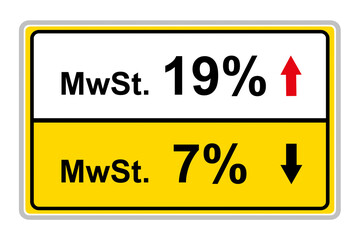 Gelbes Schild und Mehrwertsteuer MWST 19% und 7%  Illustration und Hintergrund transparent PNG cut out