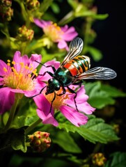 A fly sitting on top of a pink flower. Generative AI.