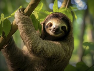 Fototapeta premium A sloth is hanging from a tree branch. Generative AI.