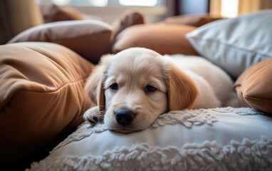 A puppy laying on a pillow on a couch. Generative AI.