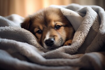 Obraz premium A brown and white dog laying under a blanket. Generative AI.