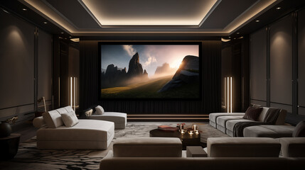 interior of a home theater room. Generative AI illustration - obrazy, fototapety, plakaty