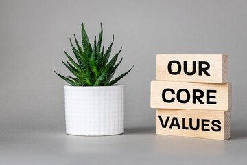 Our core values symbol. Concept biznesu, Our core values on wooden blocks. Beautiful grey...