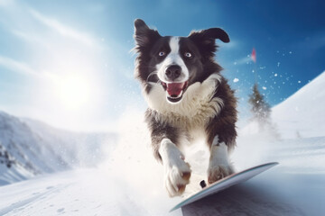 Border collie dog snowboarder rides down snowy mountain. Funny dog snowboarding on winter vacation doing extreme sport