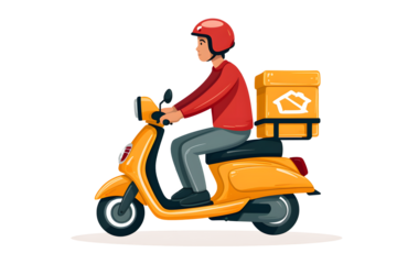 Drawing of a delivery man driving a scooter on a transparent background PNG