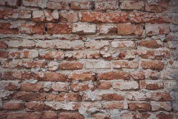 Empty Old Brick Wall Texture. Painted Distressed Wall Surface. Grungy Wide Brickwall. Grunge Red Stonewall Background. Shabby Building Facade With Damaged Plaster. Abstract Web Banner. Copy Space.