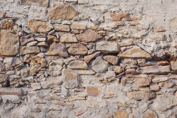 Empty Old Brick Wall Texture. Painted Distressed Wall Surface. Grungy Wide Brickwall. Grunge Red Stonewall Background. Shabby Building Facade With Damaged Plaster. Abstract Web Banner. Copy Space.