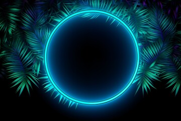 Fototapeta na wymiar green and blue neon circle bright light with tropical leaves
