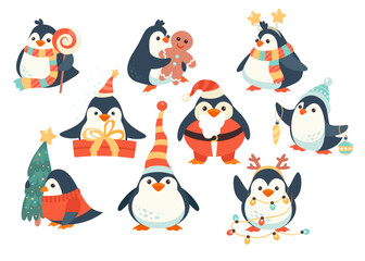Cute Merry Christmas and Happy New Year penguins cartoon winter holiday character isolated set