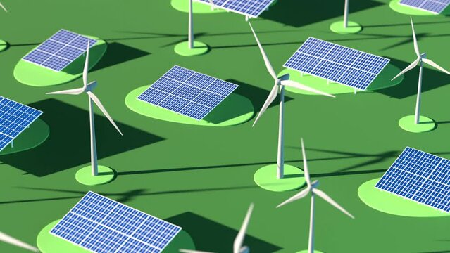 green alternative energy isometric 3d animation. solar panels and wind turbine climate change concept of renewable energy. Can be used to represent sustainability, decarbonization or global warming