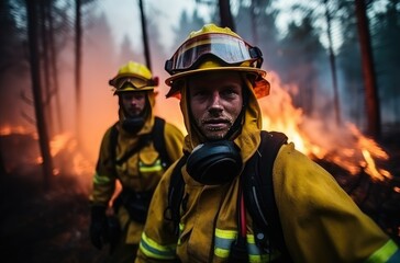 Naklejka premium Pair of Firefighters Battling Wildfire Blaze